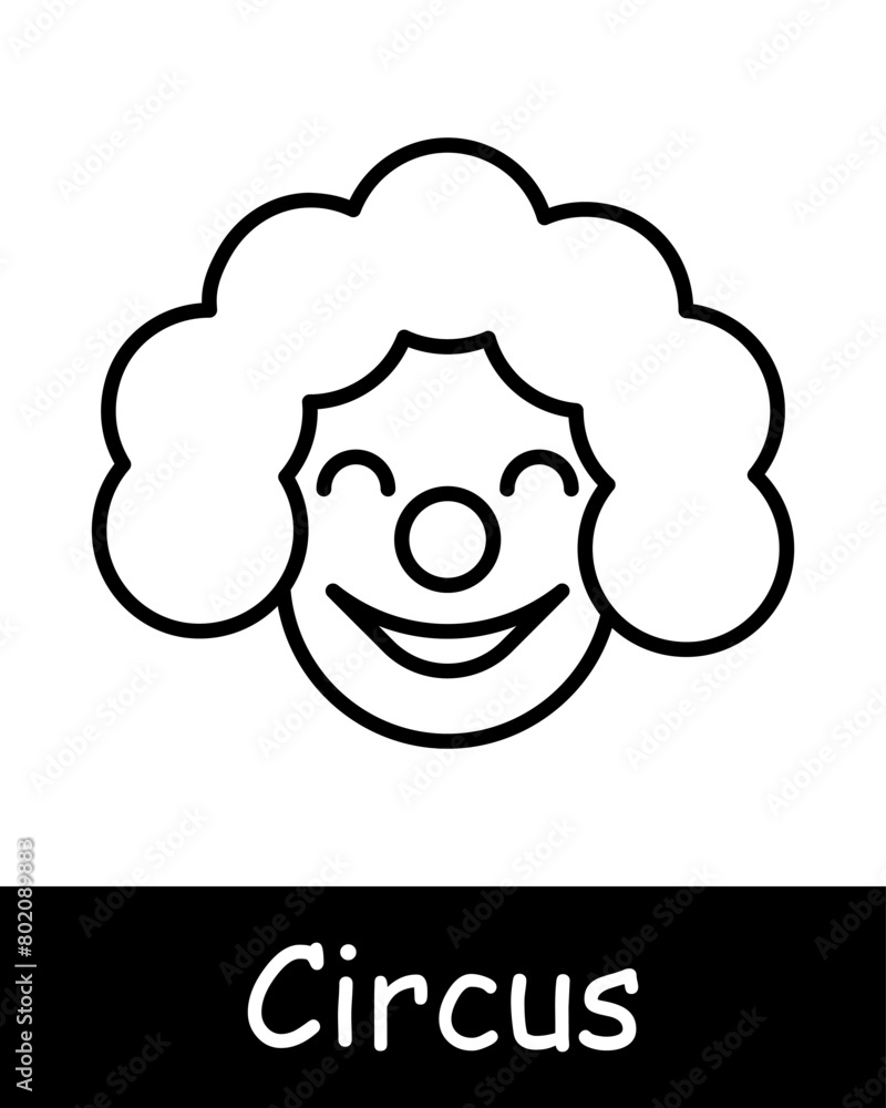 Circus set icon. Clown, wig, makeup, car nose, tricks, legerdemain, hippodrome, cirque, entertainment, fun, recreation, amusement ride, black lines on white background. Presentation concept. Circus set icon. Clown, wig, makeup, car nose, tricks, legerdemain, hippodrome, cirque, entertainment, fun, recreation, amusement ride, black lines on white background. Presentation concept.