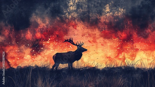 Watercolor Imagine a majestic stag with impressive antlers silhouetted against the twilight sky