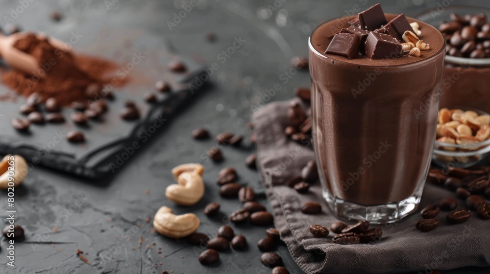 Chocolate smoothie on a glass with coffee beans and nuts on grey stone background Chocolate smoothie on a glass with coffee beans and nuts on grey stone background