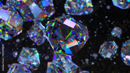 3D animation of radiant diamonds exploding in a starry space