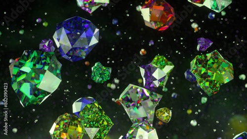 Vibrant 3D rendered gems floating in a dark, sparkling void