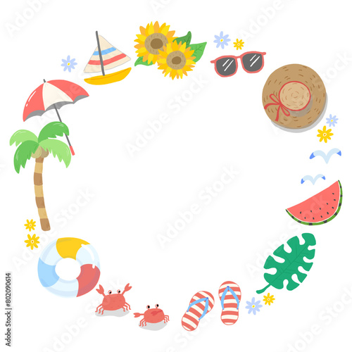 Summer-inspired background frame, sunflowers, watermelon, swim ring, cute hand-drawn illustrations / 夏をイメージした背景フレーム、ひまわり、スイカ、浮き輪、かわいい手描きイラスト