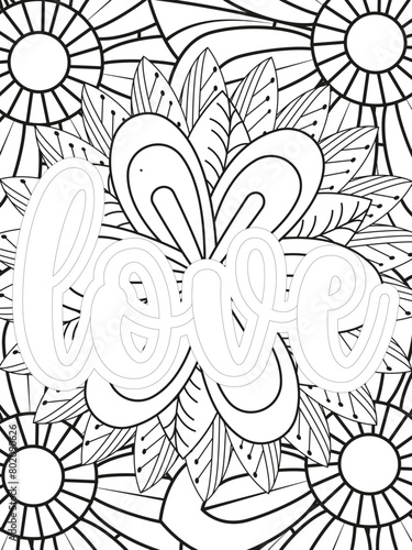 Keychain Quotes Flower Coloring Page Beautiful black and white illustration for adult coloring book