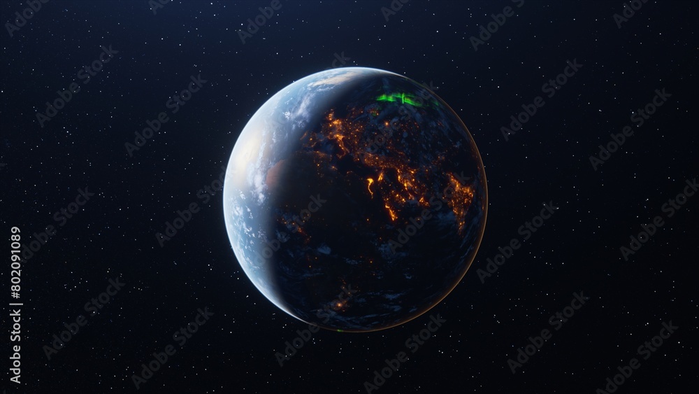 3D rendering of Earth from space with half in darkness showing city lights and faint aurora