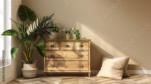 Chest of drawers with pillows and houseplants near bei photo