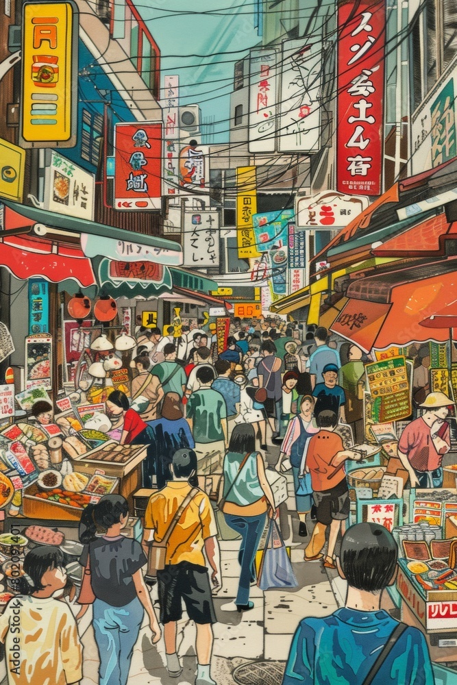 A bustling Asian market in pop art style, bold colors, stylized food stalls, and exaggerated figures