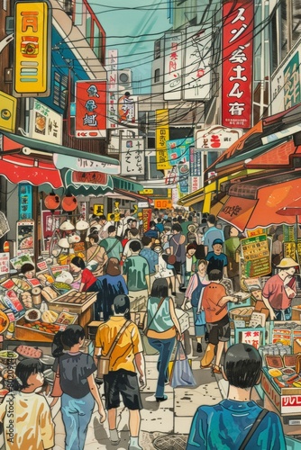 Wallpaper Mural A bustling Asian market in pop art style, bold colors, stylized food stalls, and exaggerated figures Torontodigital.ca