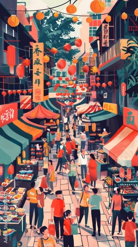 A bustling Asian market in pop art style, bold colors, stylized food stalls, and exaggerated figures