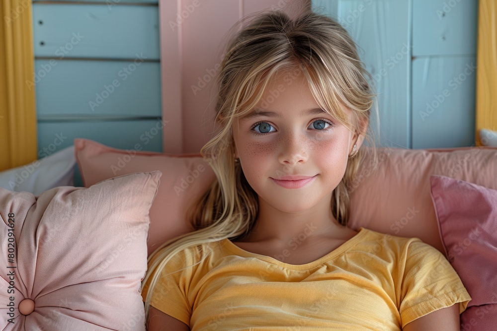 Naklejka premium A young girl with blue eyes and blond hair sits on a bed with pink pillows against a blue wooden wall. She wears a yellow shirt and looks at the camera.