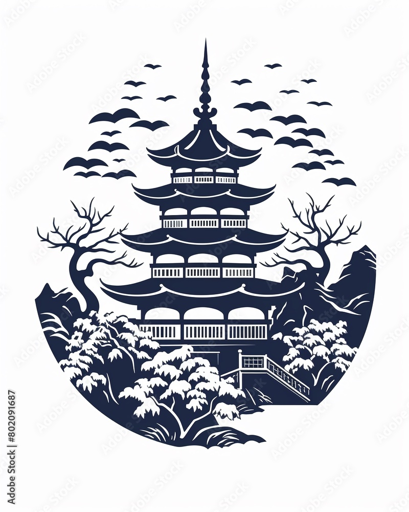 Pagoda silhouette with floral backdrop, repeating pattern in flat vector style, perfect for paper printing ,  simple lines drawing