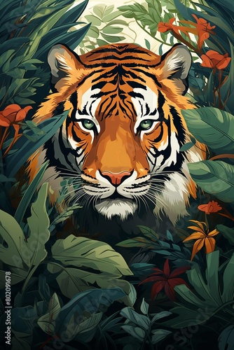 Majestic tiger with lush foliage  highres flat vector  seamless pattern for textiles and wall art    high resolution