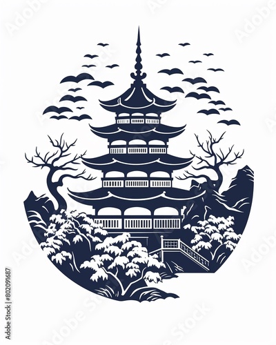 Pagoda silhouette with floral backdrop, repeating pattern in flat vector style, perfect for paper printing , simple lines drawing