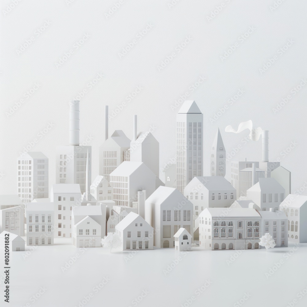 Paper sculpture depicting a small town with houses, towers and chimneys on a white background.