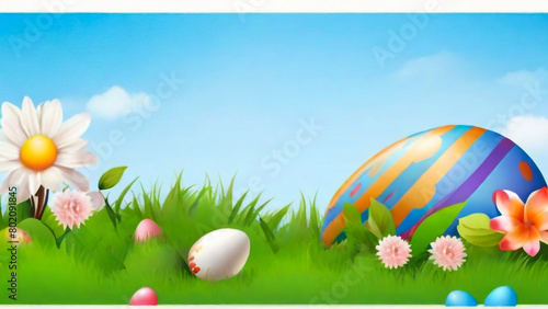 Bright Easter eggs and spring flowers on green grass outdoors 