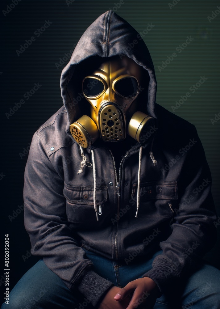 A man wearing a gas mask and a hooded sweatshirt