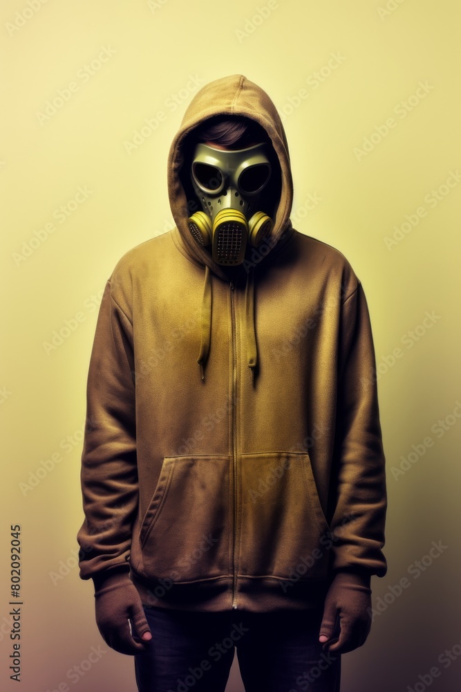 A man wearing a gas mask and a hooded sweatshirt A man wearing a gas mask and a hooded sweatshirt