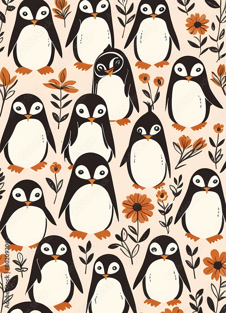 Naklejka premium Floral Cute Baby Penguin Nursery Generative AI Illustration 