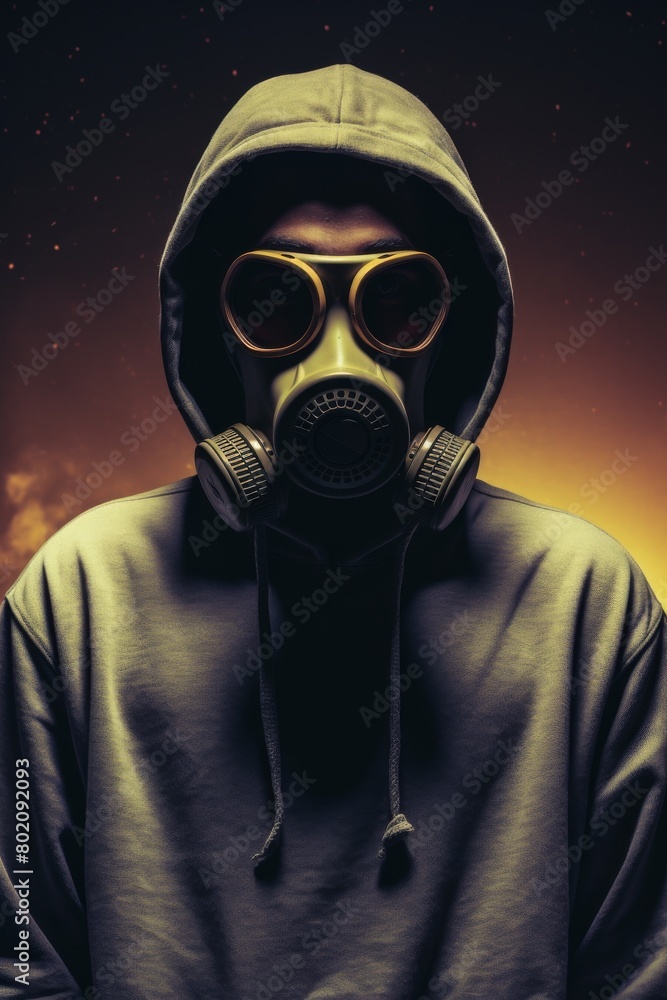 A man wearing a gas mask and a hooded sweatshirt A man wearing a gas mask and a hooded sweatshirt