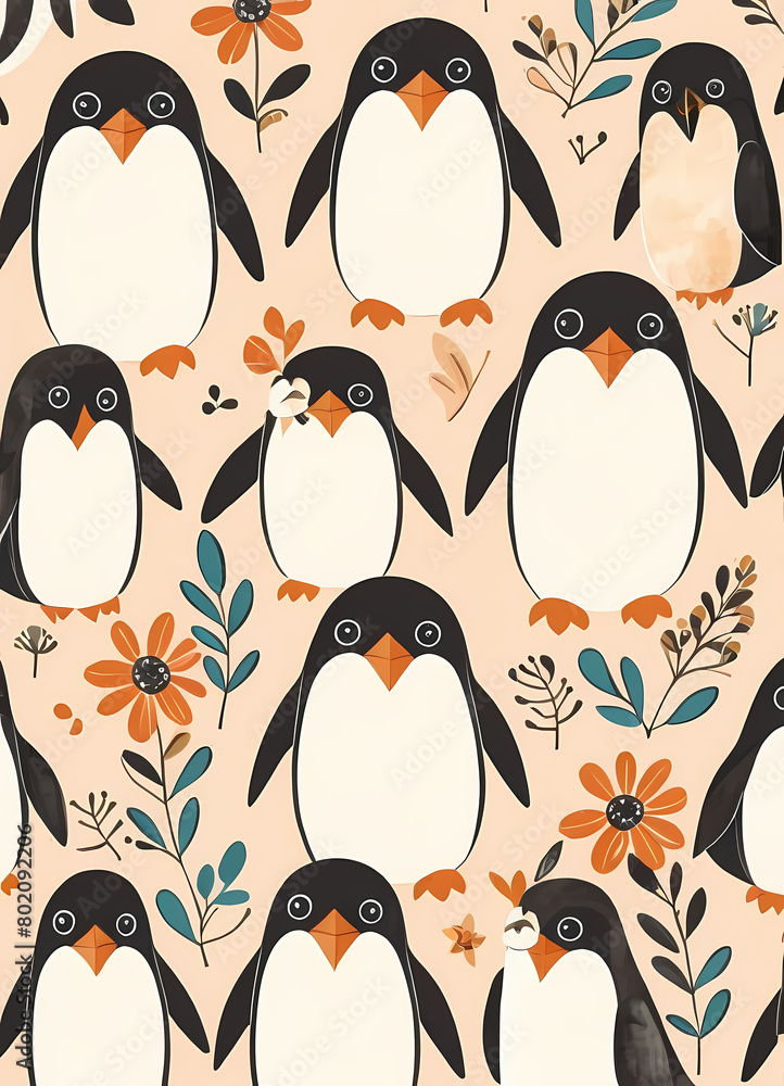 Obraz premium Floral Cute Baby Penguin Nursery Generative AI Illustration 