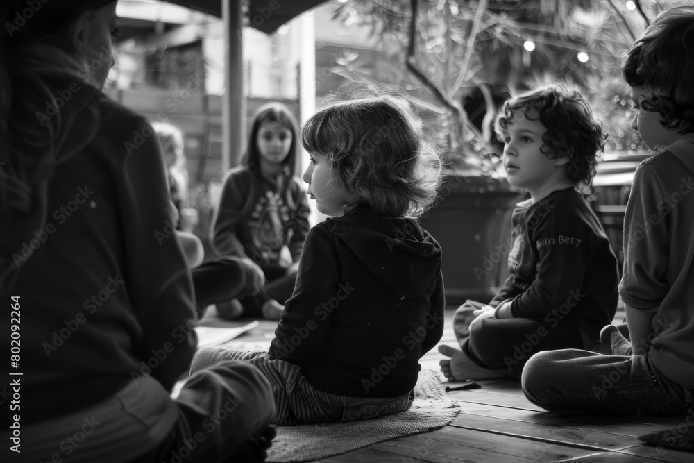 Group of children playing with toys at the playground. Black and white. Group of children playing with toys at the playground. Black and white.