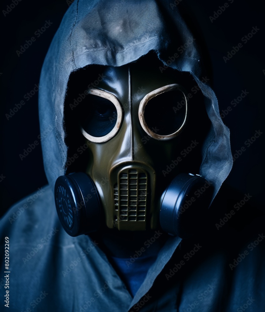 A man wearing a gas mask and a hooded sweatshirt A man wearing a gas mask and a hooded sweatshirt