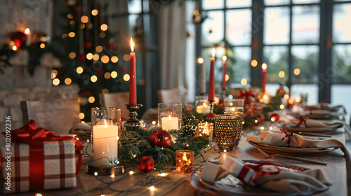 Christmas table setting with candle holders presents