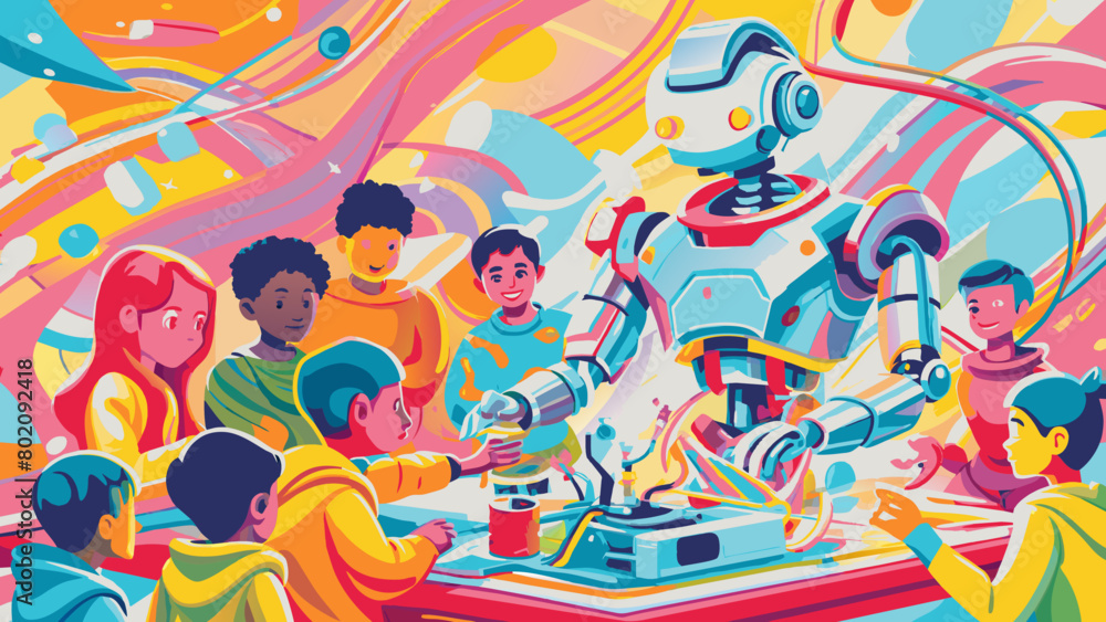 Futuristic Robot Workshop with Engaged Kids Illustration