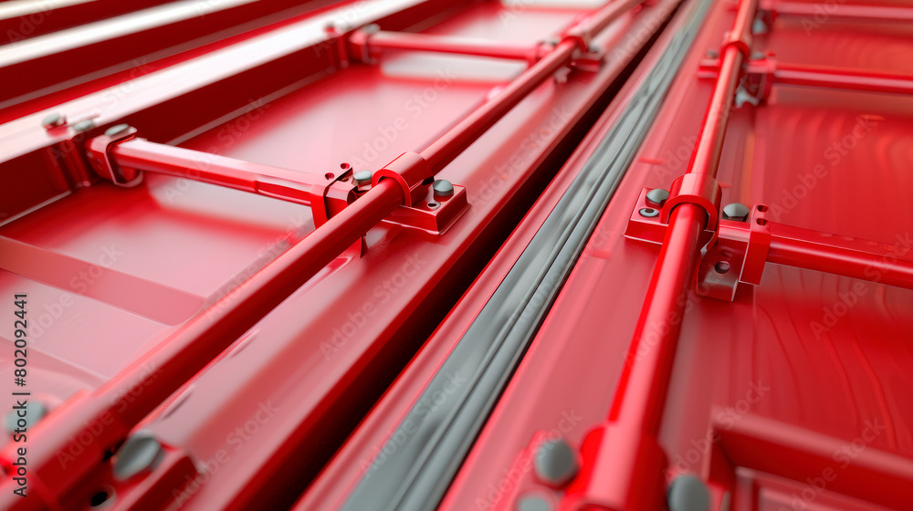 Red freight container. Perspective view of red shipping container door.