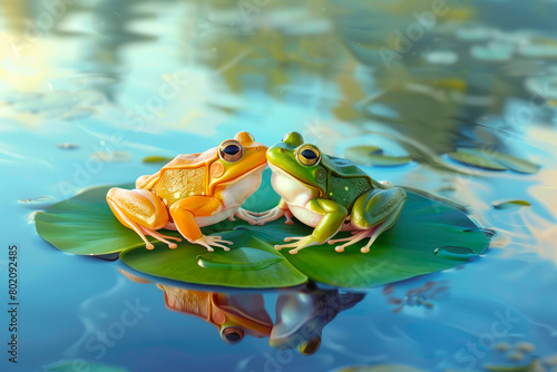 Two frogs in love are sitting on a lily pad, they have a date. An yellow and green frogs are in love.