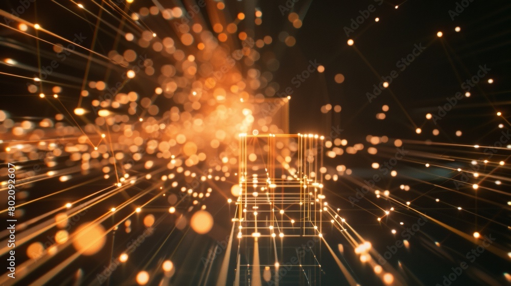 Fototapeta premium A dynamic wireframe visualization of network traffic, data packets represented by small, glowing cubes moving along lines