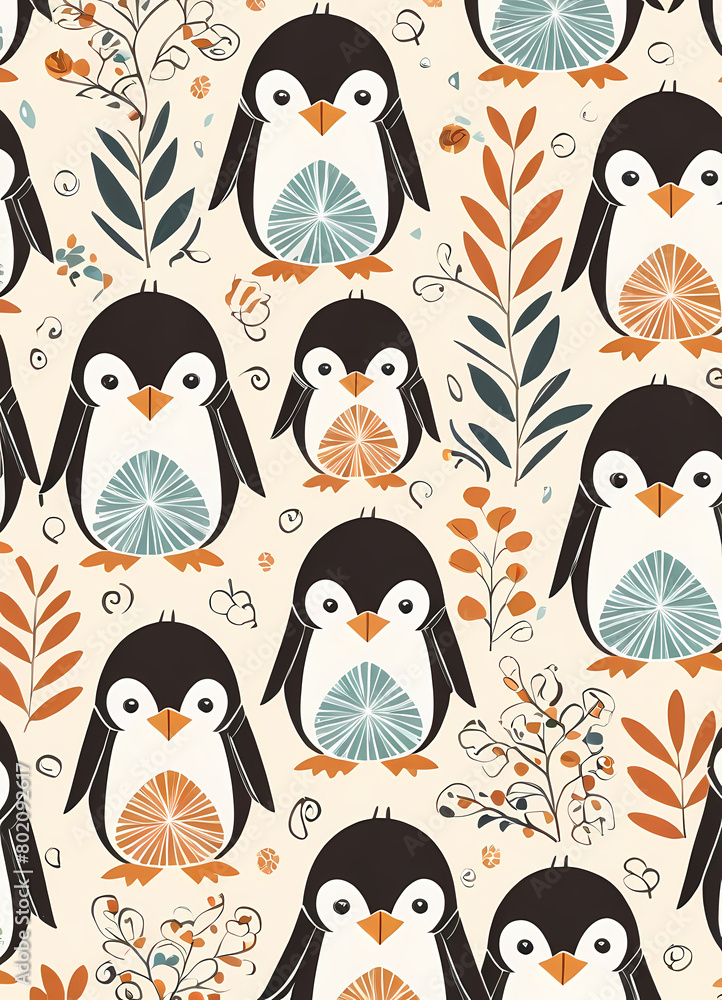 Floral Cute Baby Penguin Nursery Generative AI Illustration Floral Cute Baby Penguin Nursery Generative AI Illustration
