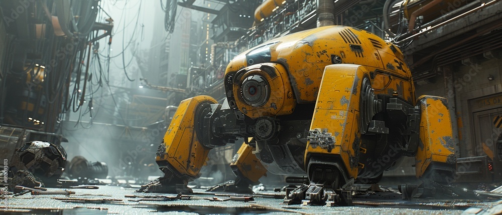 A scene from a movie set featuring a rusty yellow battlebot, adding a gritty and industrial feel 8K , high-resolution, ultra HD,up32K HD A scene from a movie set featuring a rusty yellow battlebot, adding a gritty and industrial feel 8K , high-resolution, ultra HD,up32K HD