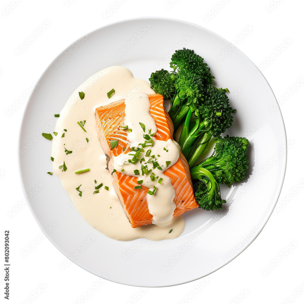 Salmon with broccoli and Cream Sauce isolated on a transparent background Salmon with broccoli and Cream Sauce isolated on a transparent background