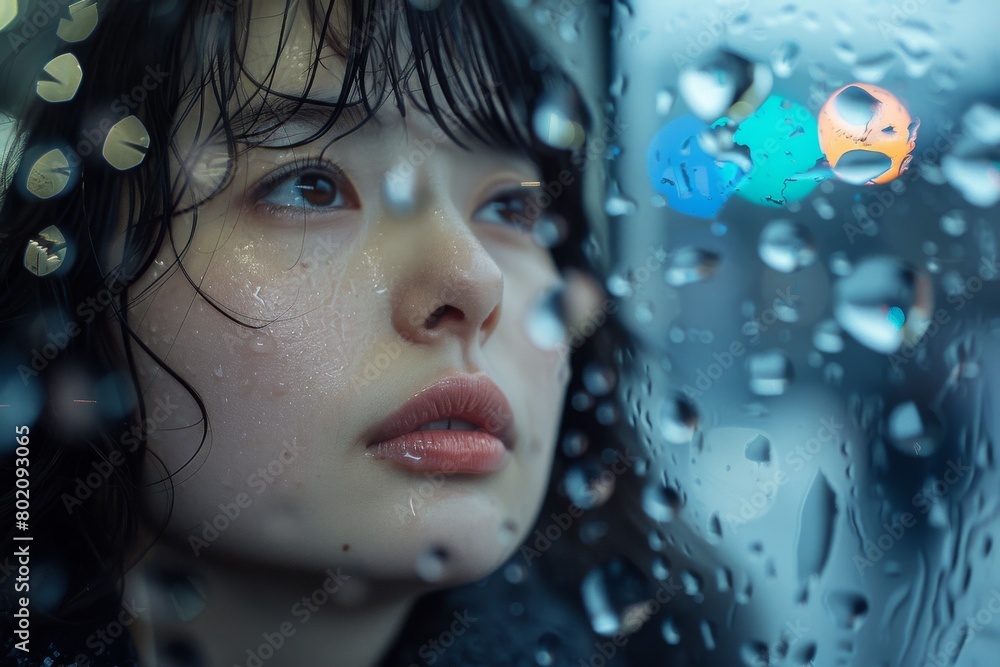 Woman Looking Out of Window in the Rain