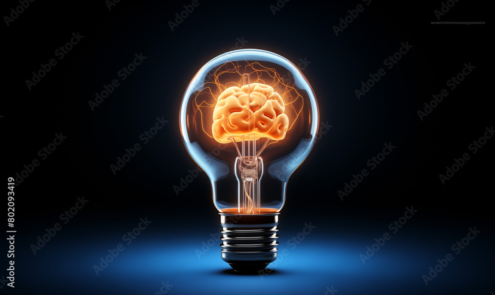 Light bulb with a glowing brain inside on a dark background, the concept of artificial intelligence and creativity. Light bulb with a glowing brain inside on a dark background, the concept of artificial intelligence and creativity.