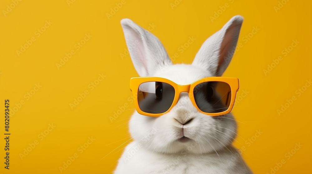 Cute white rabbit wearing sunglasses isolated on a yellow background, animal concept photo for Easter day or summer vacation advertising. Cute white rabbit wearing sunglasses isolated on a yellow background, animal concept photo for Easter day or summer vacation advertising.