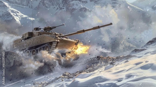 A hyper-realistic illustration of an Military tank M1 Abrams firing its main gun on a snowy mountainside The powerful blast melts the snow around the muzzle flash photo