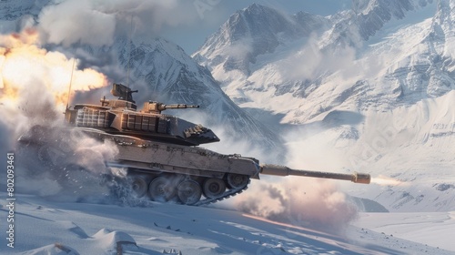 A hyper-realistic illustration of an Military tank M1 Abrams firing its main gun on a snowy mountainside The powerful blast melts the snow around the muzzle flash