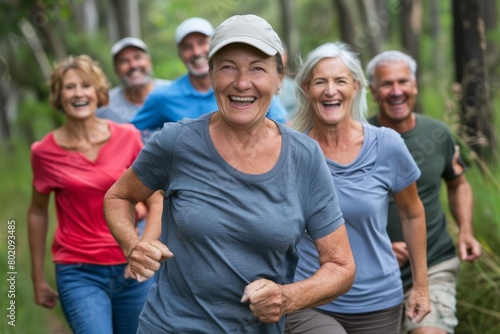 Group of seniors running together in the forest, healthy lifestyle and fitness concept