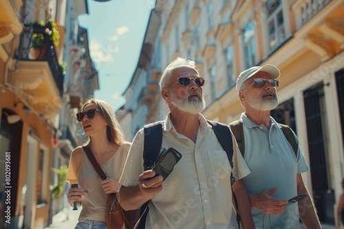 Senior couple walking in the old town of Lviv, Ukraine. photo