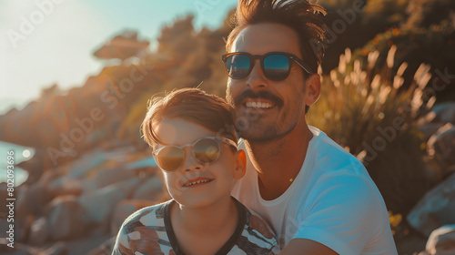 Father with son spending time together in the summer sunset or sunrise, sitting on rocks next to the seafront and sightseeing with sunglasses on. Generative AI photo