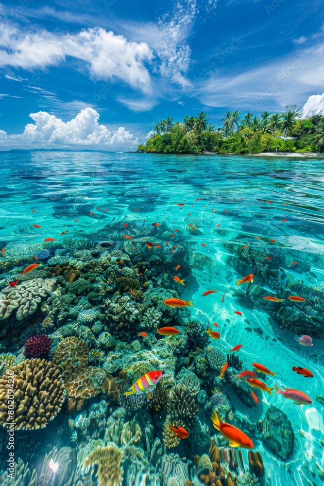 A panorama of a coral reef teeming with colorful fish, visible even from a distance through