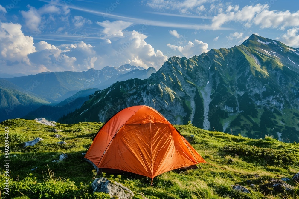 Tent in the mountains. The concept of summer leisure activities.