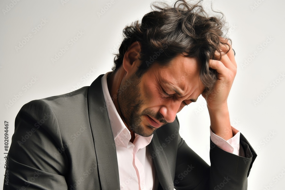 A man in a suit is crying and has his head in his hands A man in a suit is crying and has his head in his hands