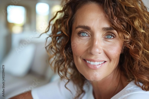 Smiling middle aged woman in 1950s style, white t shirt, close up shot on pastel background