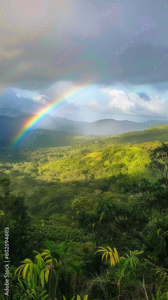 A rainbow arcing over a lush valley after a rainstorm A rainbow arcing over a lush valley after a rainstorm