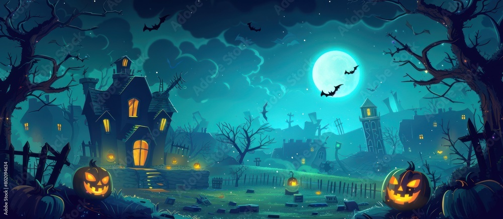 Halloween night background with pumpkins, spooky trees and haunted house. Halloween concept illustration