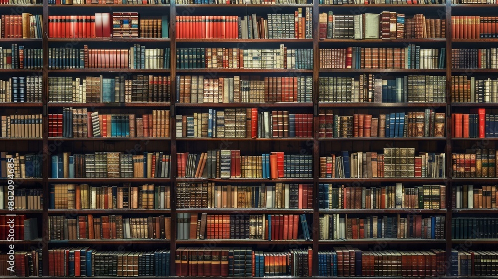 Vast library shelves filled with diverse, colorful antique books, academic or literary themes. Vast library shelves filled with diverse, colorful antique books, academic or literary themes.