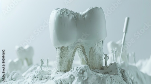A giant tooth, with some minature elf workers work on the tooth photo