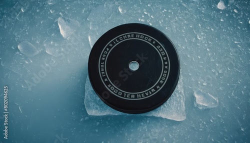 Black old rubber puck on ice background. Closeup. Empty place for text. photo